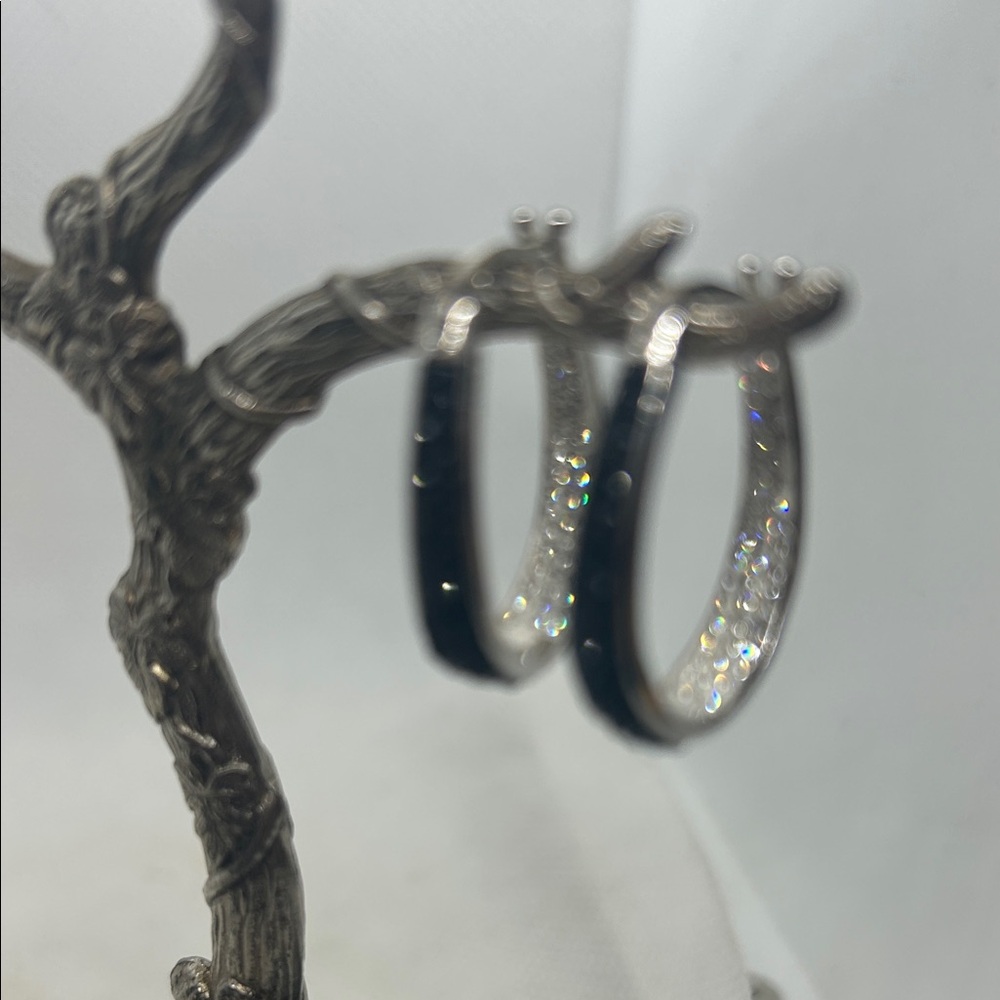 NWOT Australian Crystal Elegant Silver and Black Hoop Earrings - Picture 4 of 7
